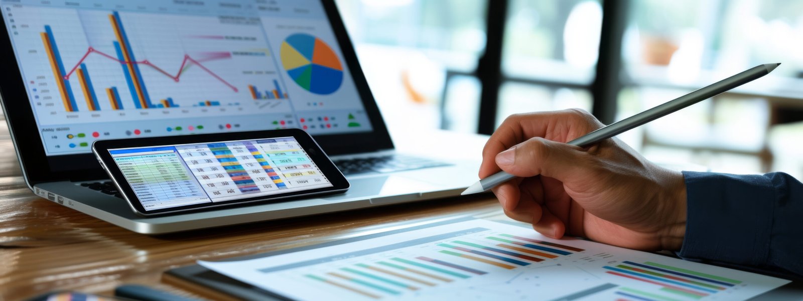 an individual's hands using a stylus on a tablet with financial analysis graphs on the screen, placed on a desk with printed data charts, in a brightly lit office environment.