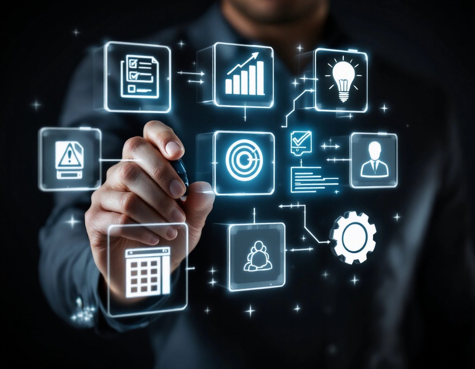 interactive digital workflow orchestration with transparent glowing icons business strategy