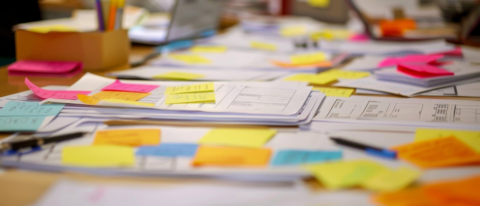 a table covered in colorful sticky notes and pens, selective focus, busy and creative scene