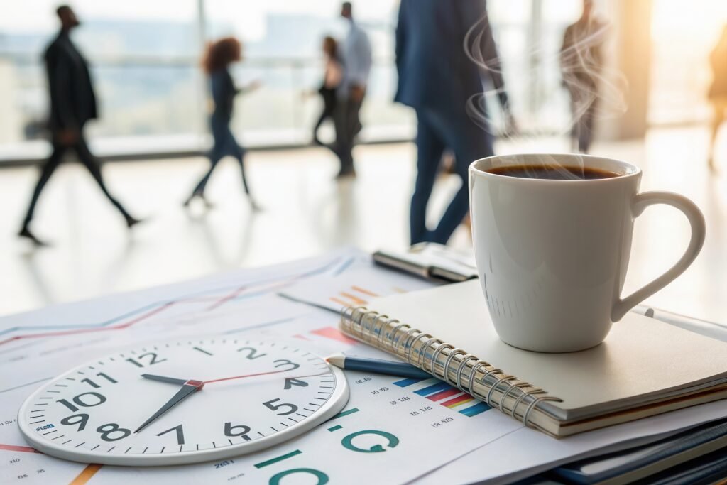 a warm cup of coffee next to a clock and notebook in a bustling office environment. generative ai