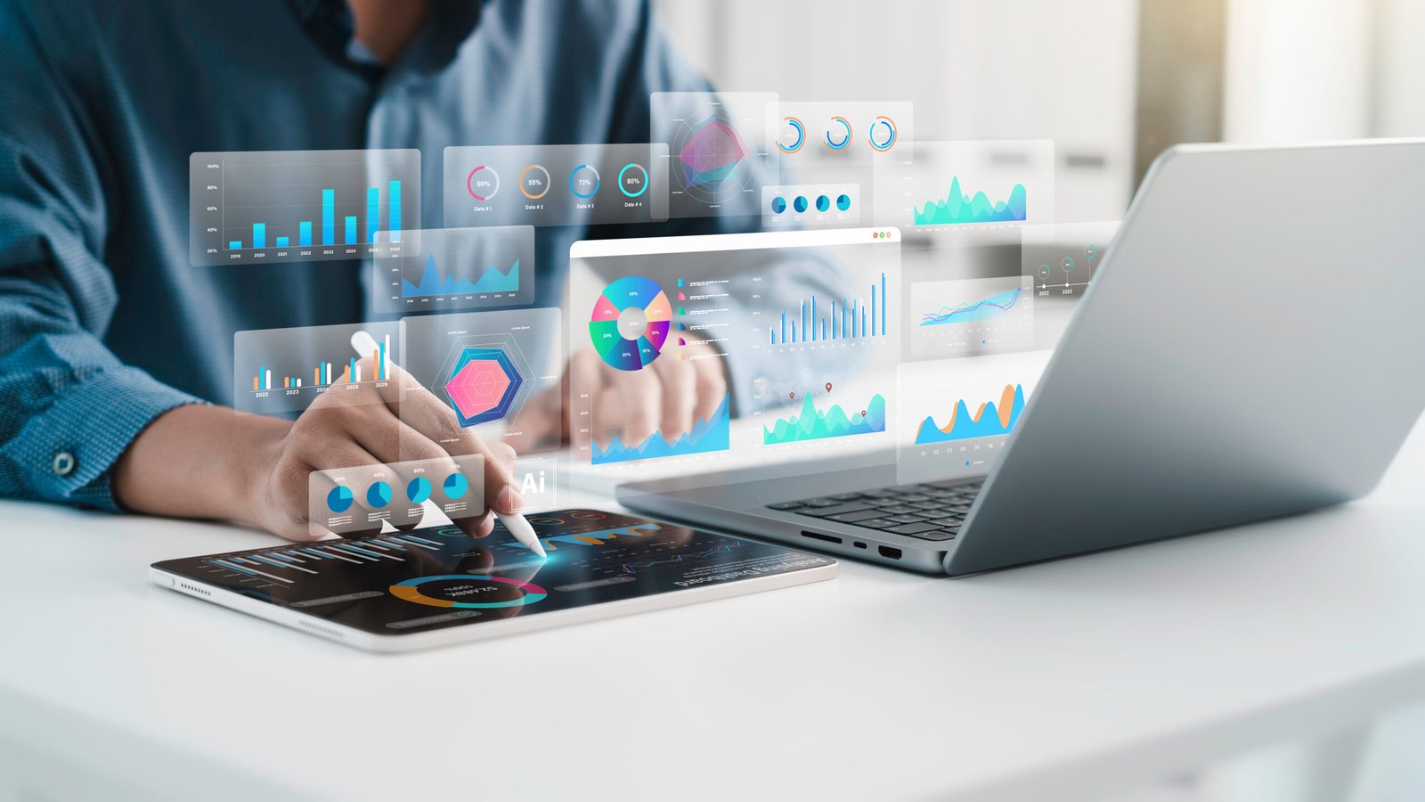 an analyst uses a computer and dashboard for data business analysis and data management system with kpi and metrics connected to the database for technology finance, operations, sales, marketing