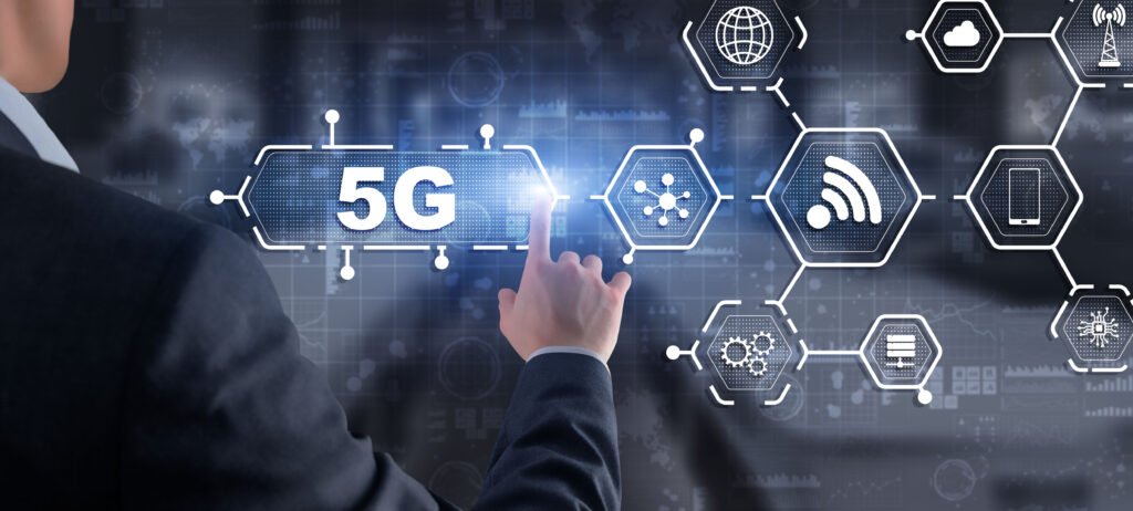5g network wireless internet concept. man touching 3d icon 5g