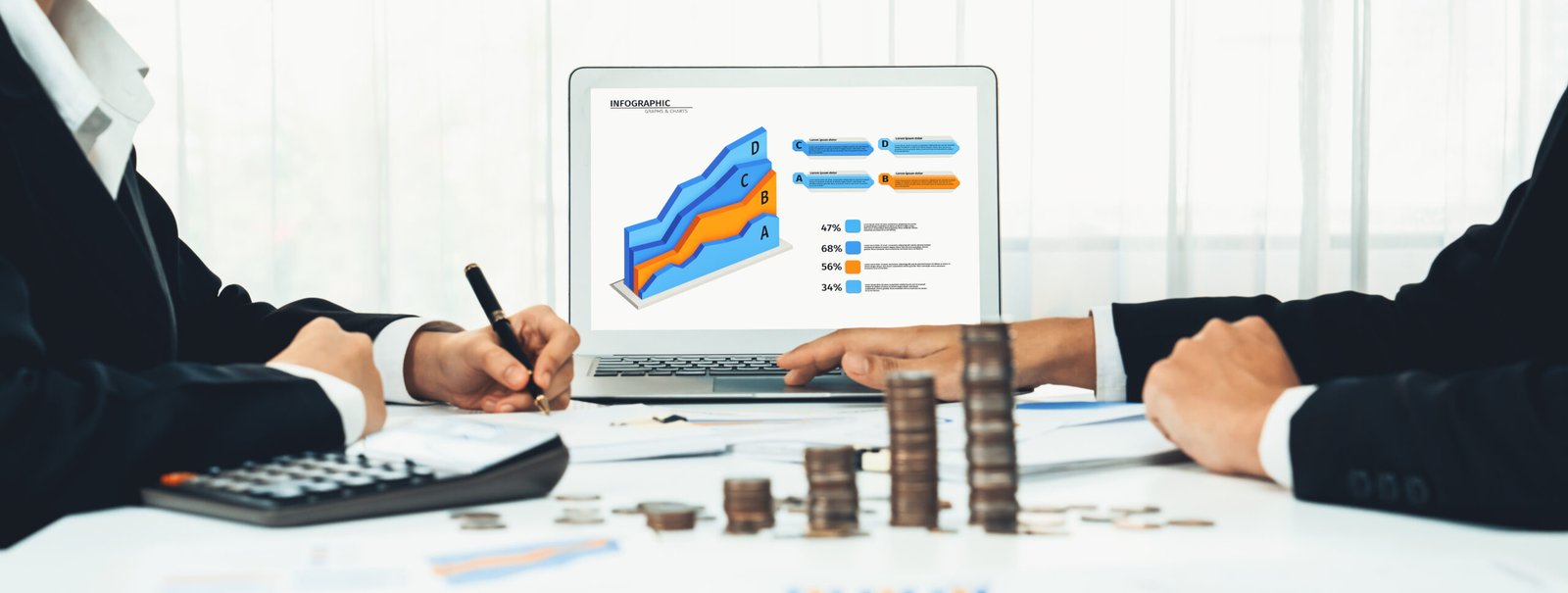 business intelligence analyst use bi software on laptop with stack coin. shrewd