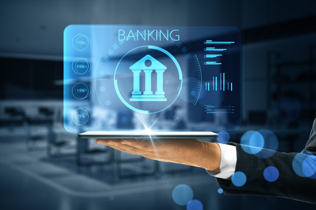 online banking application concept with digital bank building sign with indicators on virtual projection from digital tablet on man hand